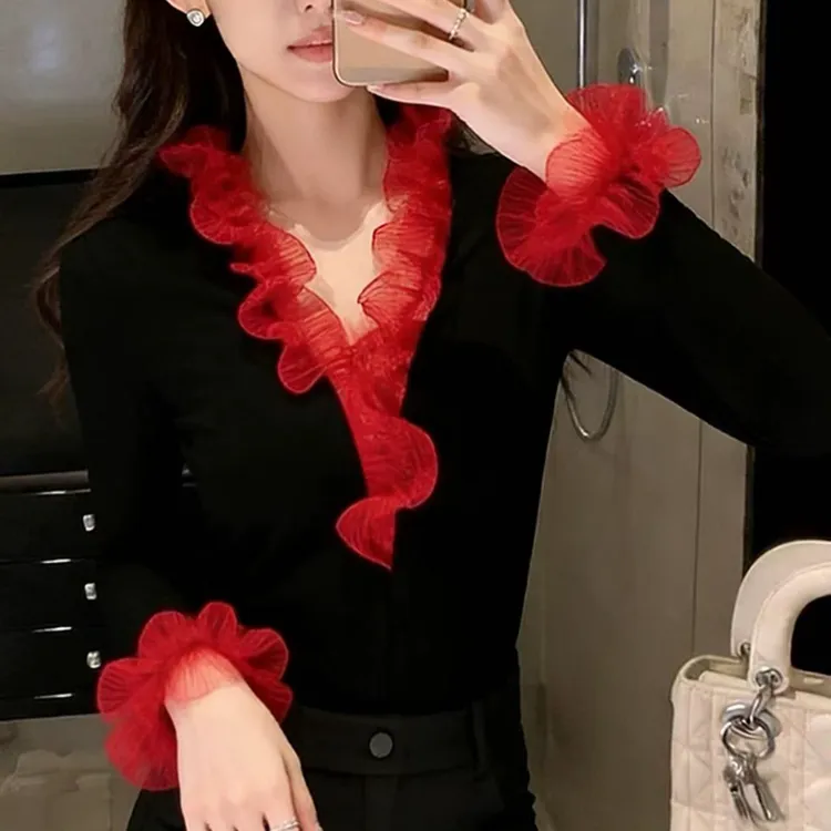 【晨浠定制】新款时尚拼蕾丝荷叶边修身显瘦长袖上衣9393