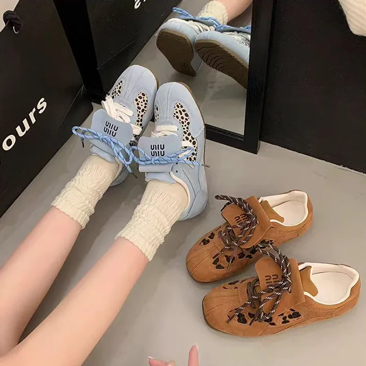 卡其色德训鞋女2025秋冬新款复古小众豹纹平底休闲运动阿甘鞋翻盖