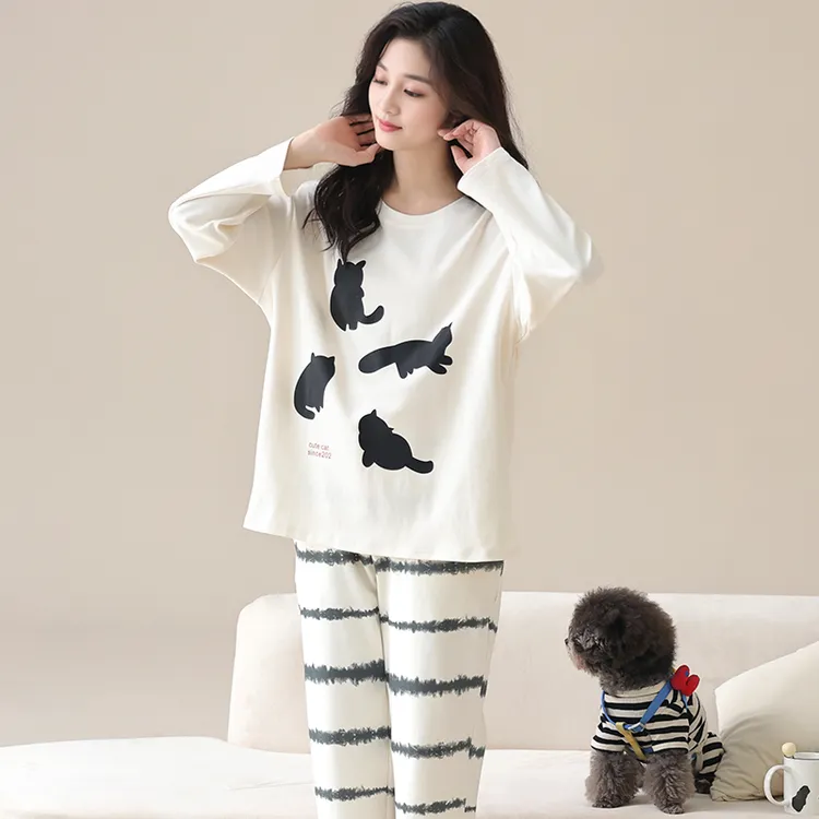 炸姐圆领长袖睡衣女秋季2025新款小猫印花宽松休闲可外穿家居服