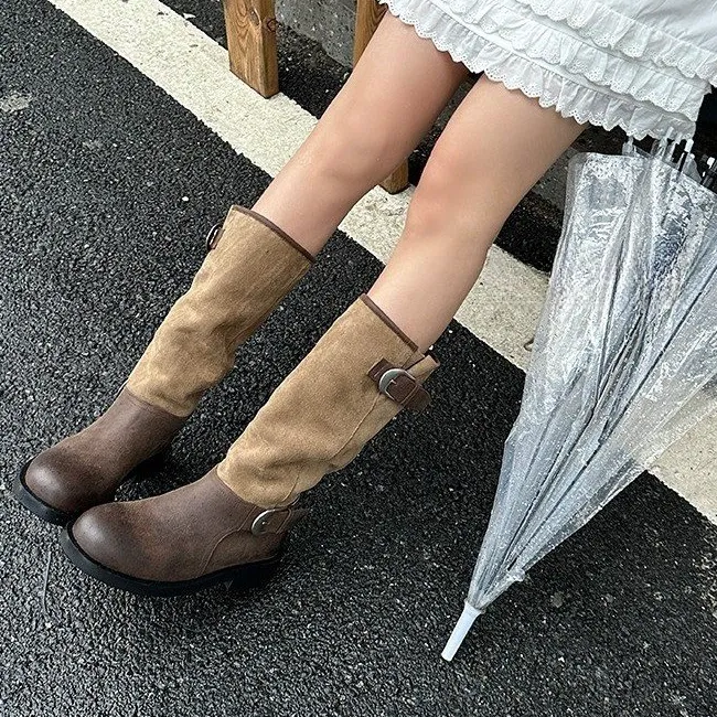 复古拼色靴子女长筒靴2025新粗跟圆头拼接西部靴褶皱堆堆靴骑士靴