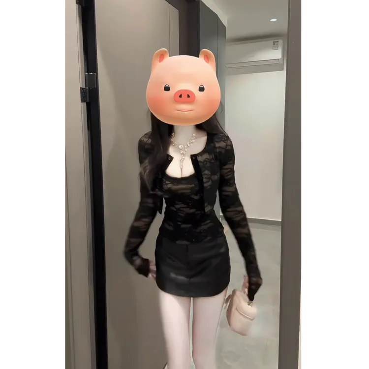 纯欲辣妹黑色蕾丝衫上衣女早秋内搭吊带开衫收腰包臀皮裙三件套