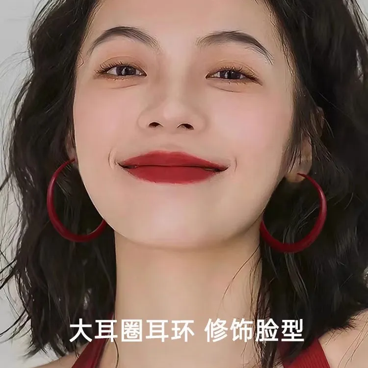 925银耳饰 安可拉红色耳圈港风轻奢方圆脸素圈耳环显脸小新款爆款