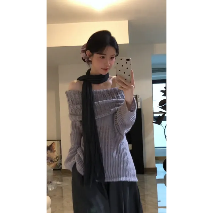 MARIE.COCO紫罗兰一字肩针织衫长袖上衣女慵懒休闲百搭直筒裤长裤