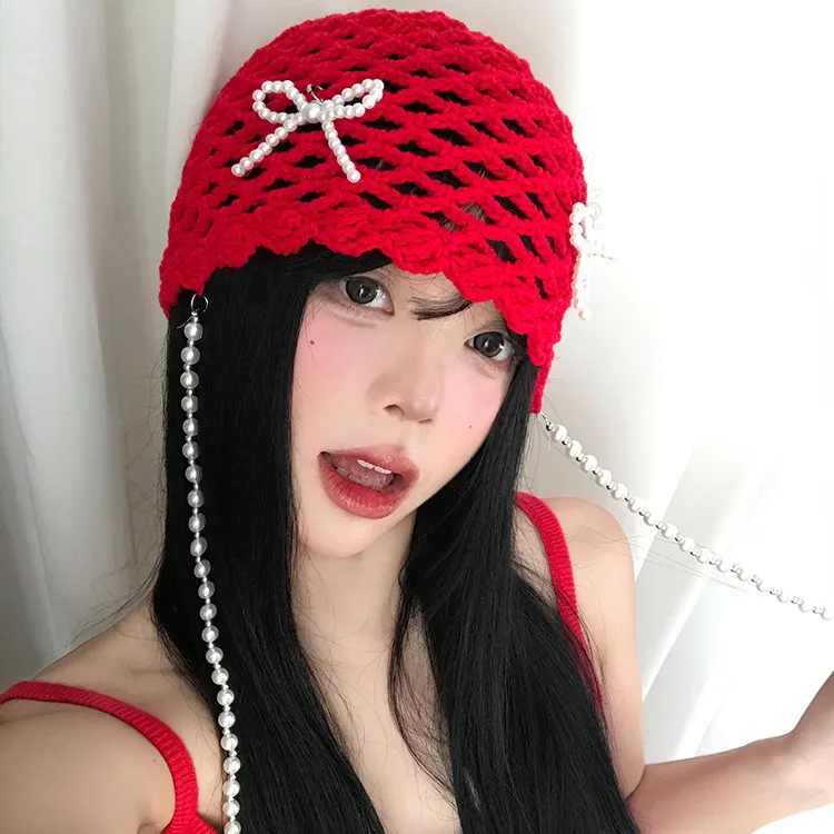 韩系珍珠蝴蝶结红色包头帽女复古镂空套头帽大头围显脸小针织帽子