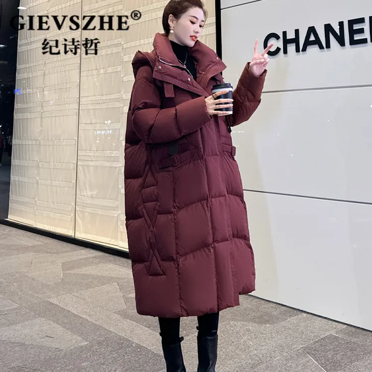 纪诗哲时尚羽绒服女冬季2025新款连帽加厚中长款白鹅绒保暖外套