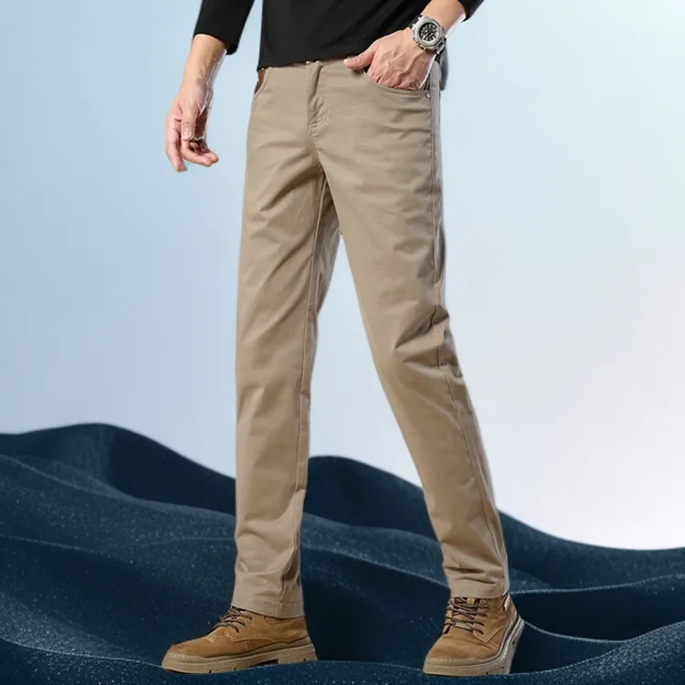巴赛娜缇男春秋款纯棉卡其色休闲裤宽松直筒弹力长裤男士潮流百搭