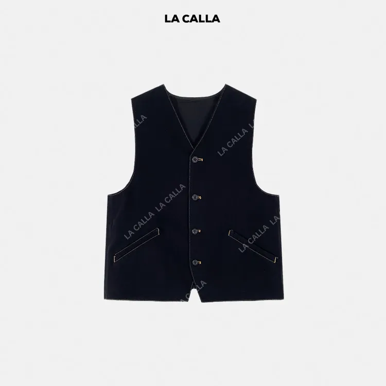 LA CALLA V领无袖黑牛马甲YY-WL6822
