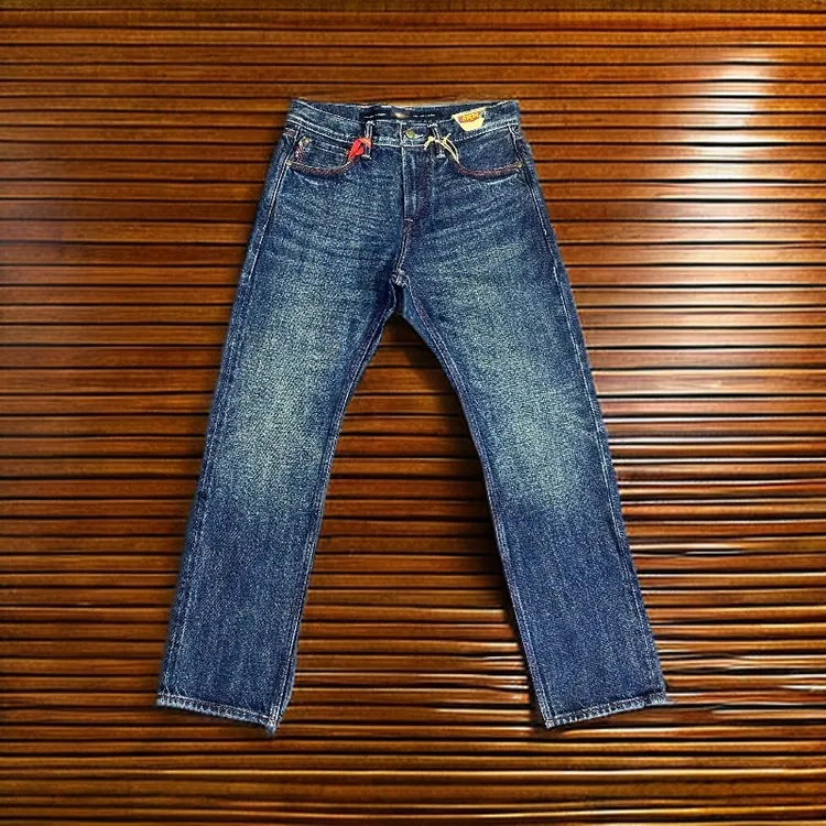 赤耳丹宁19OZ重磅秋冬40-50岁男士宽松纯棉直筒牛仔裤水洗百搭