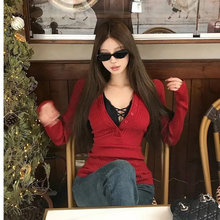高级感深V领红色针织衫女205法式韩系纯欲风气质绝美打底上衣
