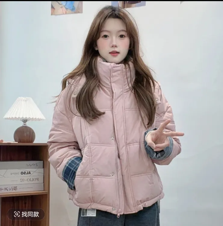 拼接格棉服女冬季2025新款加厚保暖棉衣连帽外套夹棉面包服