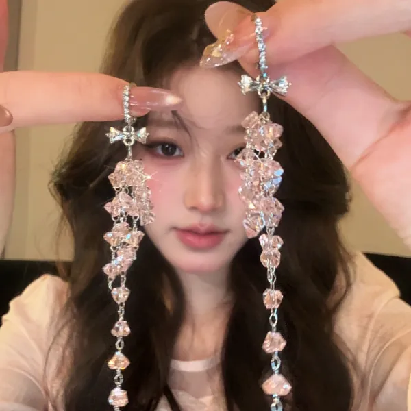 锌合金耳饰 红粉佳人长款流苏耳钉时尚甜美少女耳环森系仙气耳饰