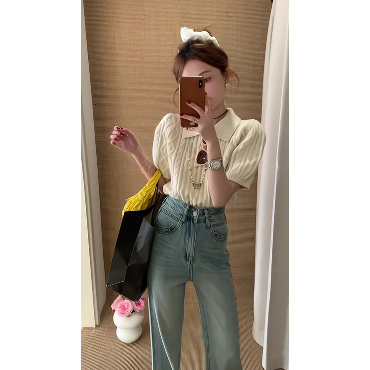 修身针织衫2025年早春超好看时尚上衣浅蓝色牛仔裤百搭微喇叭裤女