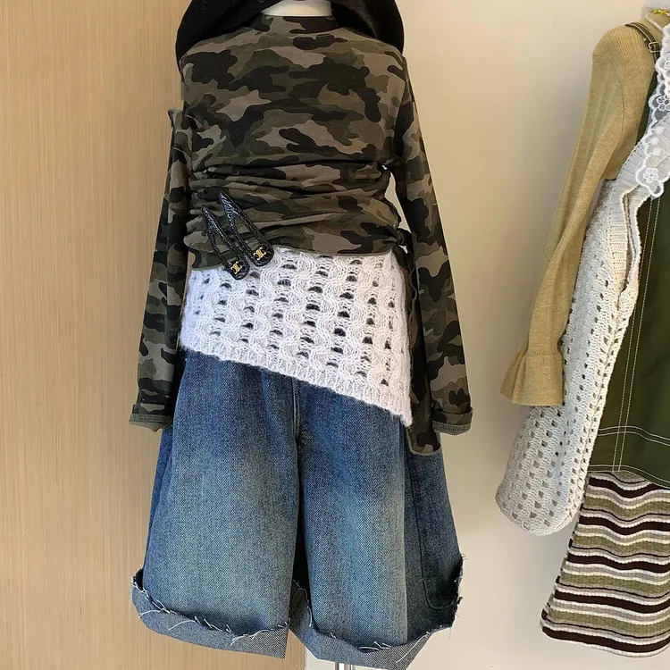 韩版童装女童套装2025新款秋季潮酷女孩迷彩打底衫宝宝毛边牛仔裤