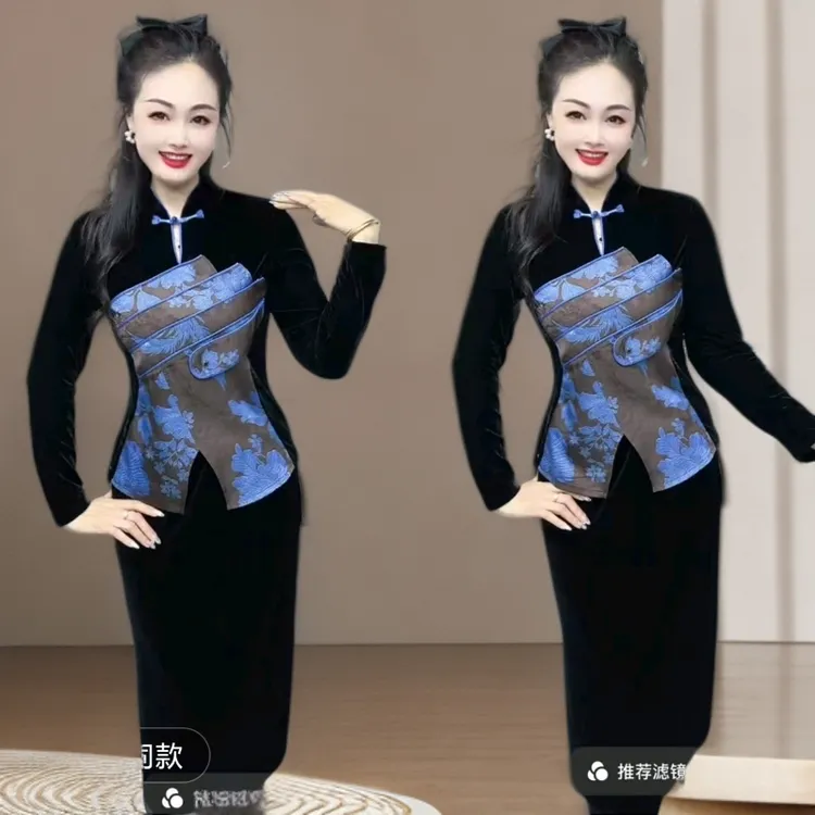 2025最新国风高端设计款印花拼接丝绒衫长袖气质显瘦网红时尚复古