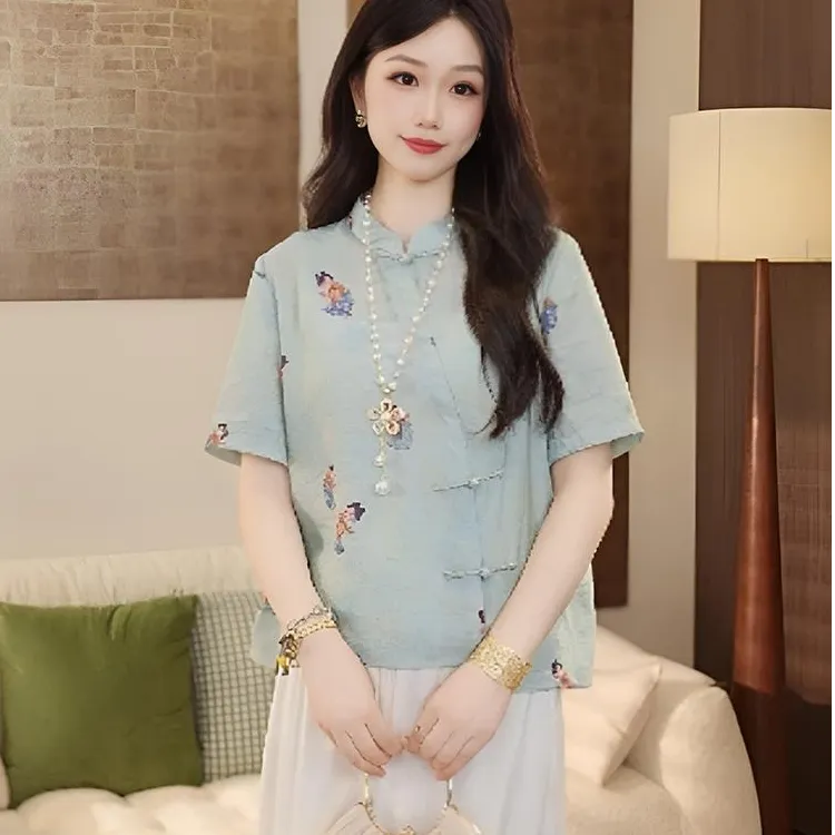 夏季新中式国风短袖衬衫女时尚气质复古百搭斜襟小衫女上衣潮流