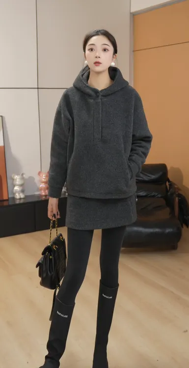 【现货】冬季韩系慵懒风连帽卫衣+休闲显瘦短裙两件套装女保暖时尚