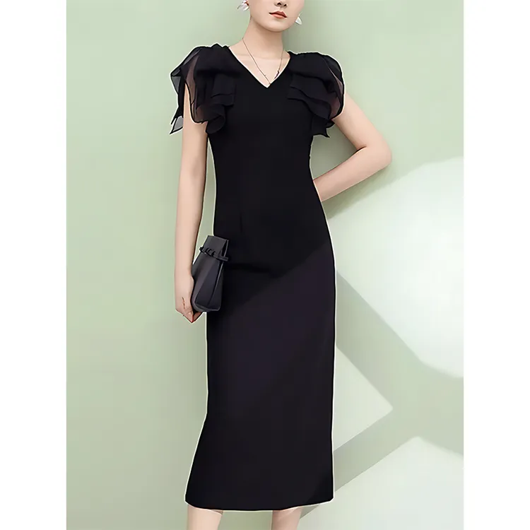 戈绯黑色蕾丝袖连衣裙2025夏季新款法式简约设计感洋气显瘦中长裙