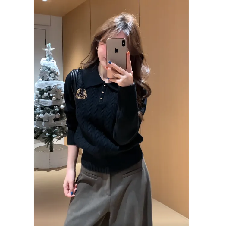 秋冬穿搭一整套女2026新款懒惰风宽松翻领针织衫百搭休闲裤两件套