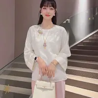 新中式百搭气质新中式提花圆领衬衫国风秋冬小衫内搭上衣