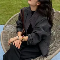 1291-单排扣春秋毛呢外套简约风立领短外套女士小众简约休闲时尚