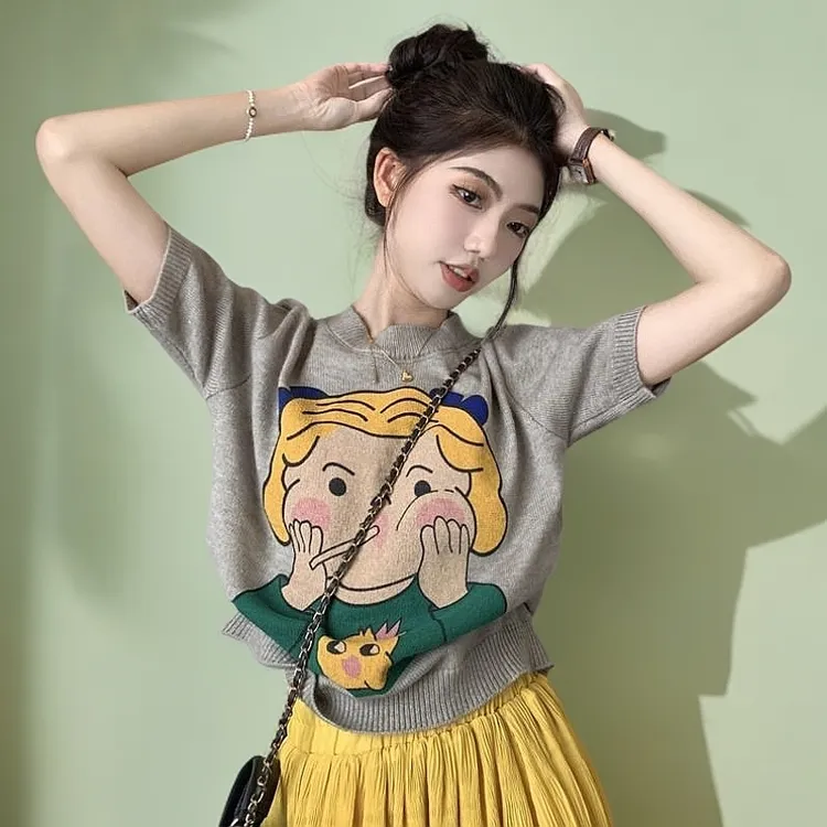 女装女毛针织衫宽松上衣薄款夏季印花复古毛衣设计感短袖短款