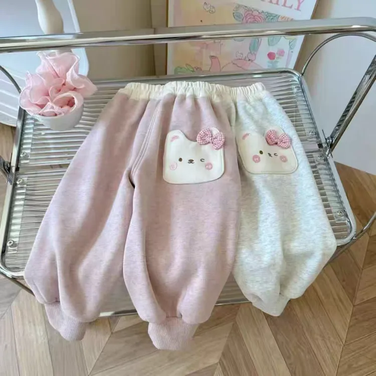 楠兔兔女童冬季新款卡通休闲加绒卫裤秋冬加厚保暖宽松束脚裤长裤
