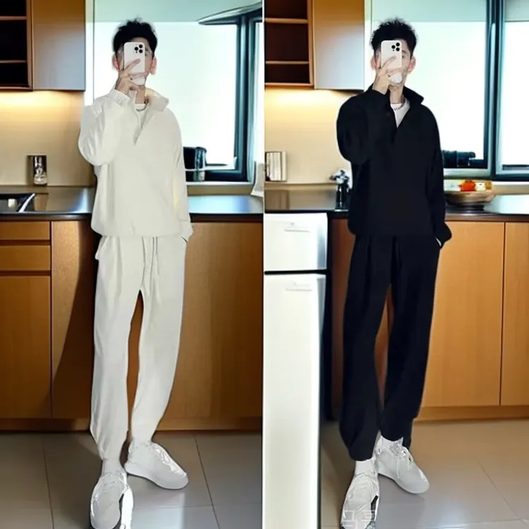 VALVOELITE新款痞帅纯色休闲春秋季帅气二件套男2025套装潮流搭配