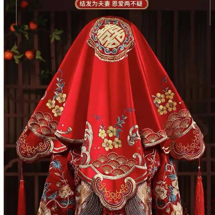 红盖头新娘结婚头纱中式秀禾服复古红色绣花缎面流苏刺绣喜帕高级