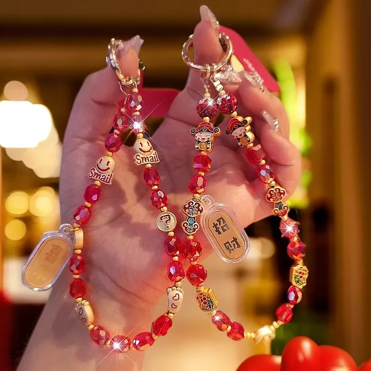 新年款国风招财手机挂绳水晶串珠手机链手机壳挂件平安喜乐手提链