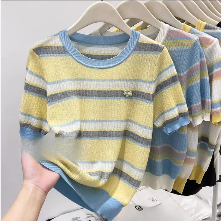 新款百搭夏季条纹t恤短袖宽松圆领减龄上衣