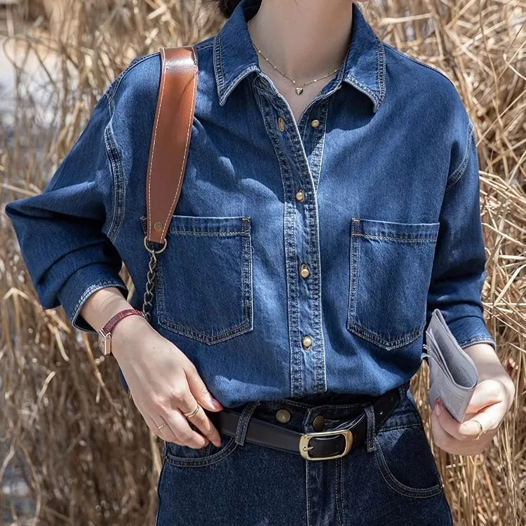 【琪宝瑞】蓝色牛仔衬衫女叠穿百搭小众设计感复古港味宽松长袖
