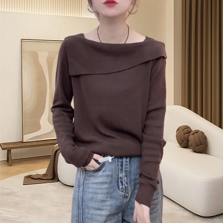 简约纯色一字翻领针织长袖T恤女2025早秋新款百搭休闲显瘦上衣ins