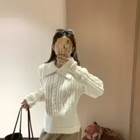 韩11学院风浅蓝色绞花翻领毛衣女冬韩系复古慵懒风减龄针织衫上衣