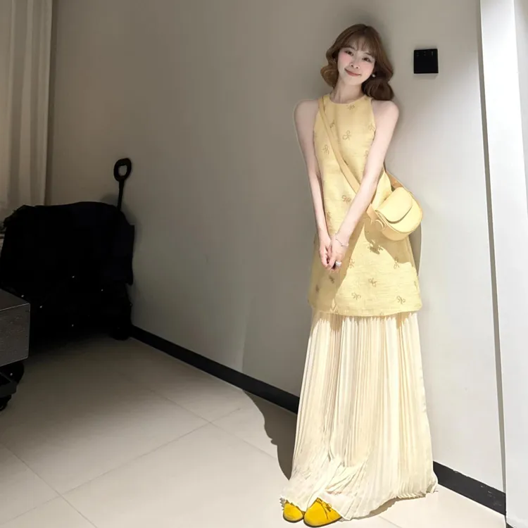 今年夏季流行爆款小香风蝴蝶结ins设计长款拼接收腰显瘦两件套女