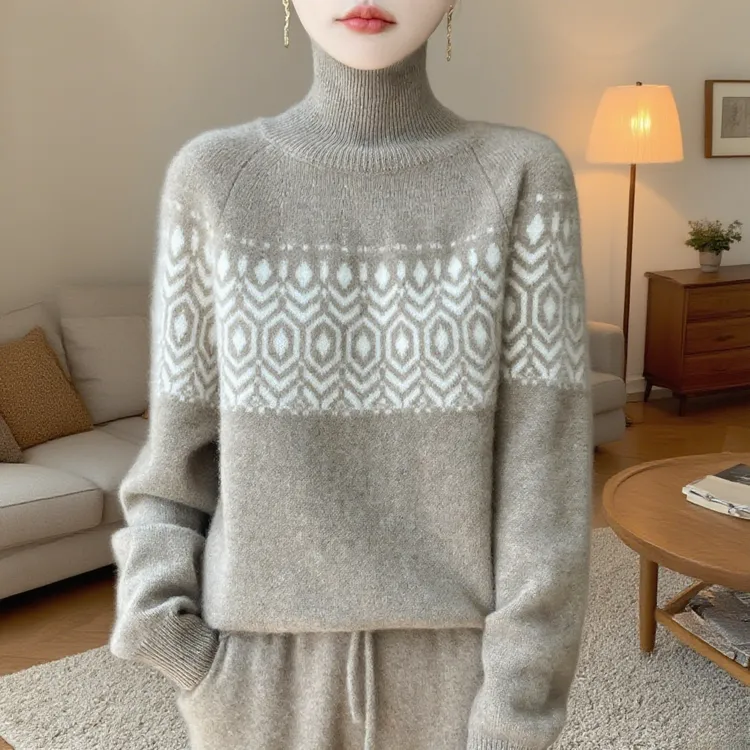 100%纯羊毛衫女高领复古拼色加厚针织毛衣宽松慵懒羊绒衫打底上衣