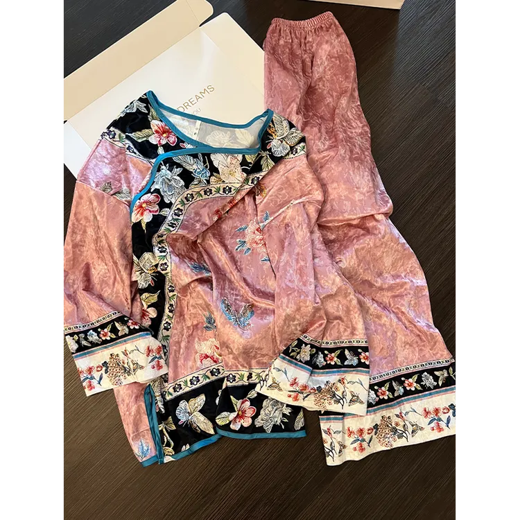 国风新中式复古花卉长袖睡衣女秋冬款高级感金丝绒家居服大码套装