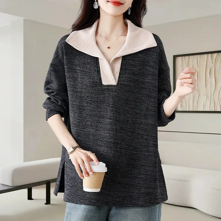 撞色翻领长袖针织衫女2025秋季新款慵懒风宽松显瘦内搭设计感上衣