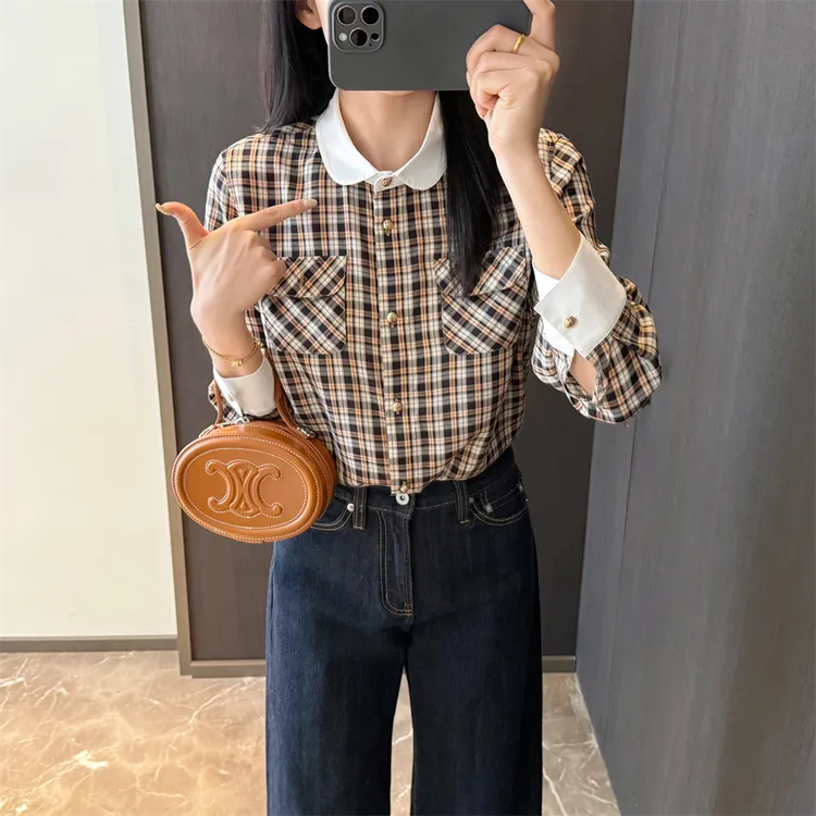 高端品 春季女装复古减龄娃娃领撞色格子衬衫长袖气质上衣打底衫