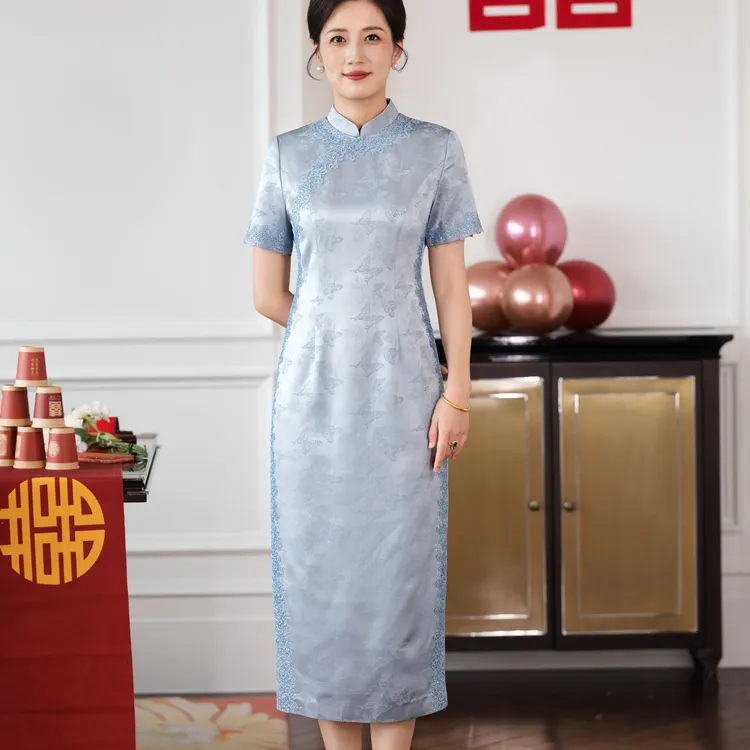 包臀裙提花短袖立领纯色婚礼旗袍时尚修身复古中式婚礼妈妈旗袍