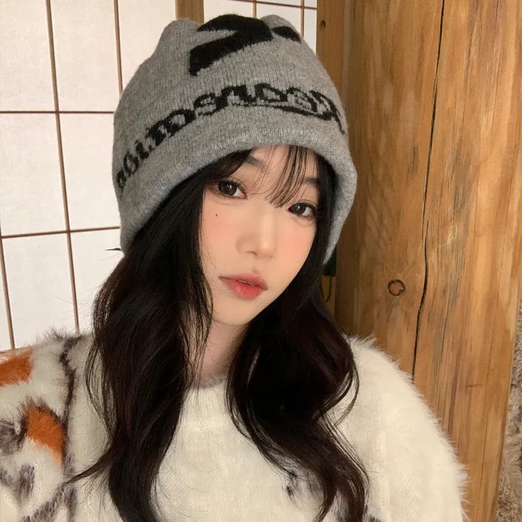 panruoyue『云暖织梦』韩版字母针织堆堆帽女高级感百搭显脸小冷帽
