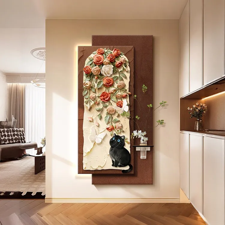 中古风入户玄关装饰画玫瑰法式高级感挂画复古正对门水培绿植壁画
