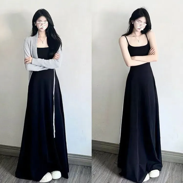 法式黑色吊带连衣裙子女夏季小个子海边度假气质显瘦长裙约会裙