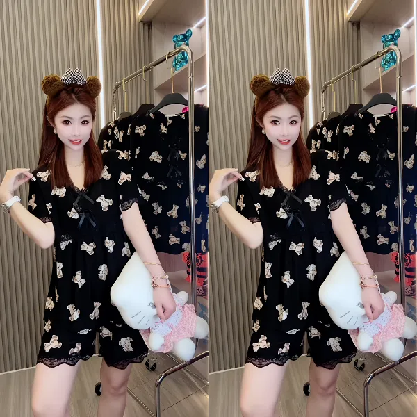 夏季新款冰丝网眼睡衣套装女宽松短袖短裤凉爽家居服套装可外穿