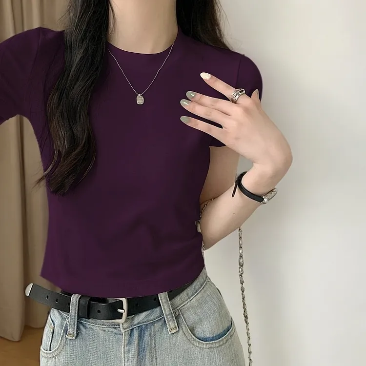 夏季2025正肩修身短款T恤半袖女宽松高腰无动力显瘦小众短袖上衣