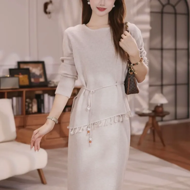【现货】冬季过膝极简风气质洋气针织衫毛衣女装套装两件套连衣裙