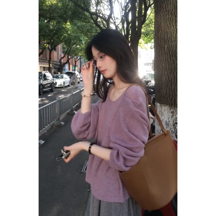 MARIE.COCO韩系慵懒风紫色针织衫套头上衣女秋季两件套灰色半身裙