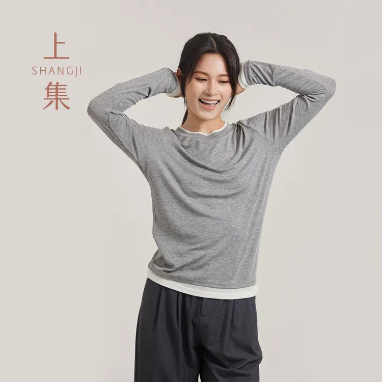 SHANGJI/上集莱赛尔羊毛醋酸针织T恤假两件长袖打底衫/XS993753