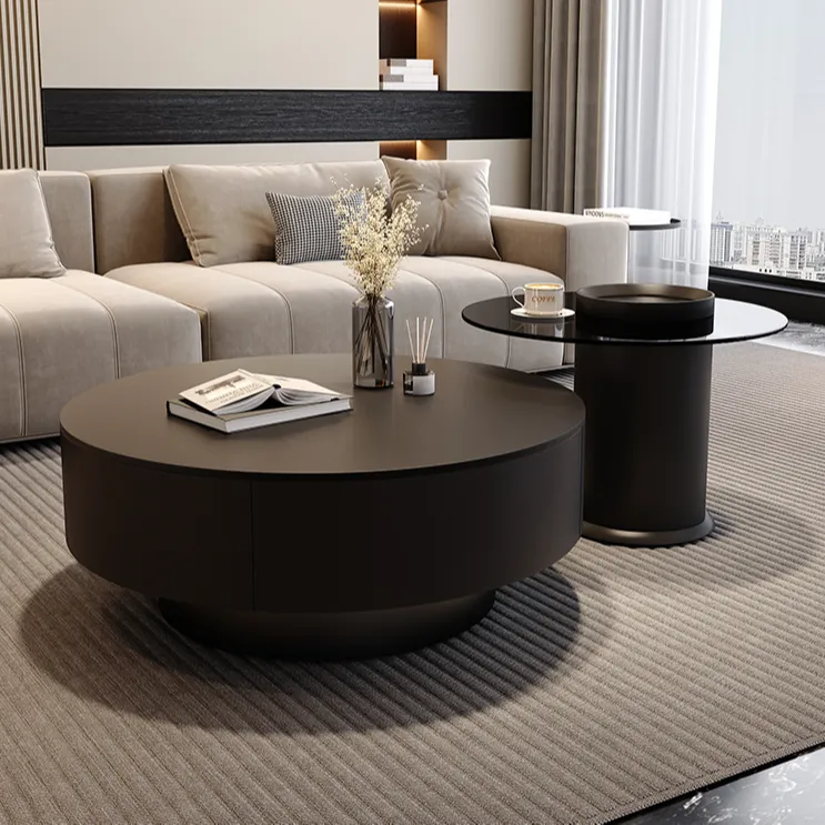 【送溜凳】黑色岩板圆形茶几轻奢现代简约茶几现代简约轻奢高端大气