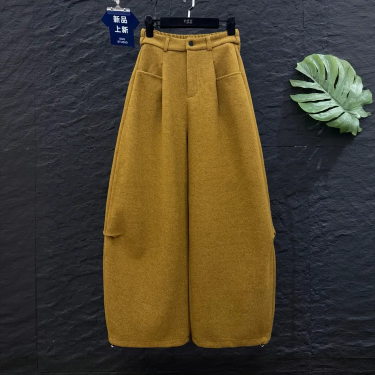 高端欧货2025年冬季新款松紧高腰显瘦加绒毛呢弯刀裤女直筒阔腿裤