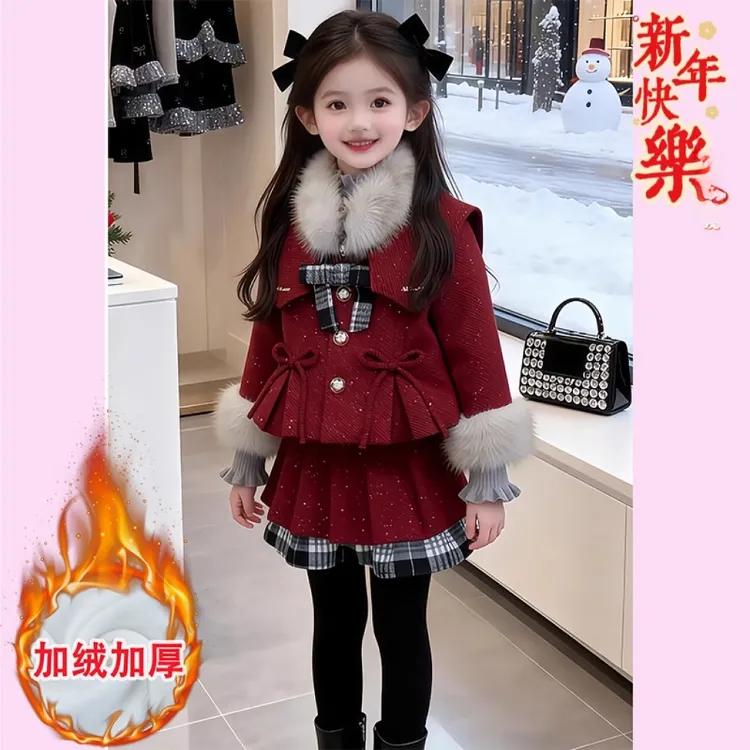 女童加绒毛呢外套半身裙套装冬装2025新款红色派克服百褶裙拜年服